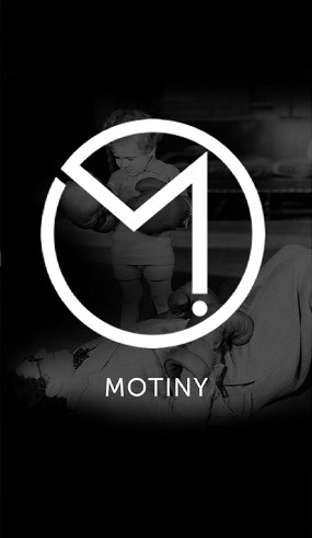 Motiny panel: the same photo darkened on black, under a white round M mark and the word MOTINY
