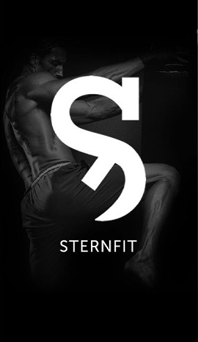 Sternfit panel: the fighter darkened on black, under a large white S mark and the word STERNFIT