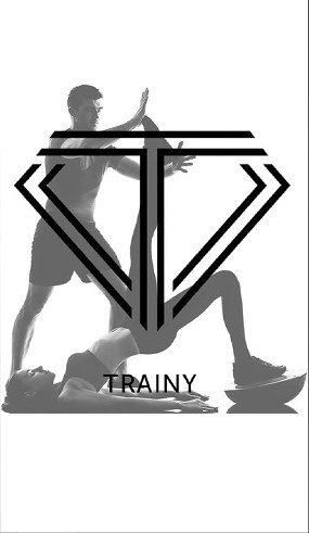 Trainy panel: the silhouette in grey on white, behind a black double-line diamond T mark and the word TRAINY