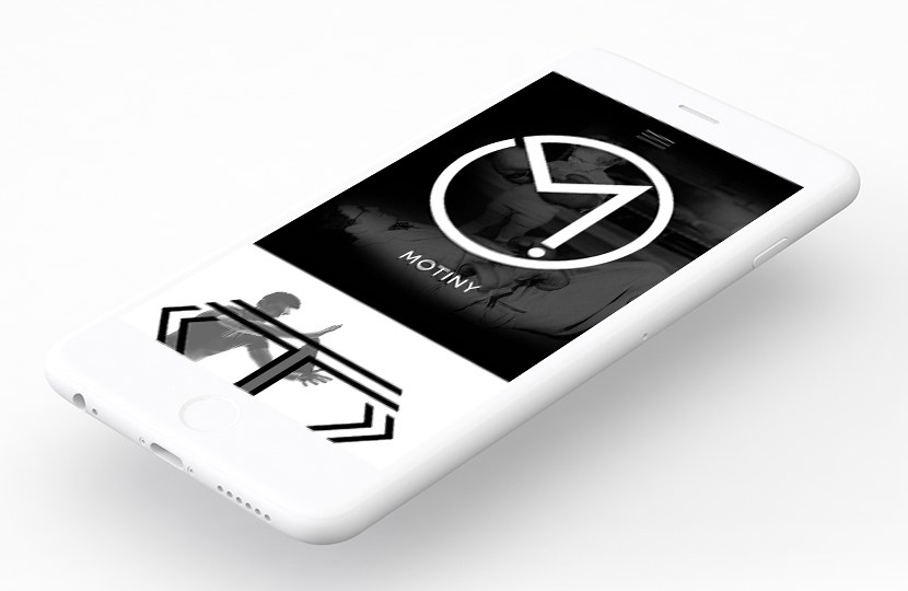 A white phone lying at an angle, showing the Motiny panel across the full width of the screen with a menu button at the top, and the Trainy panel below it