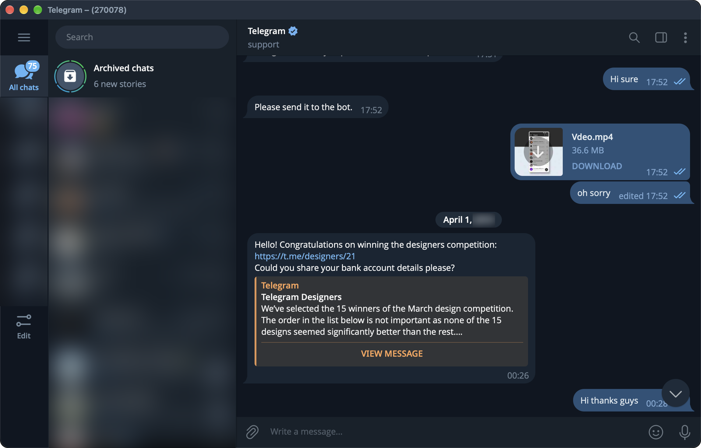 Telegram desktop chat with Telegram support: a message that says Congratulations on winning the designers competition, with a link to the winners post on the Telegram Designers channel, and asks for bank account details. The chat list on the left is blurred.