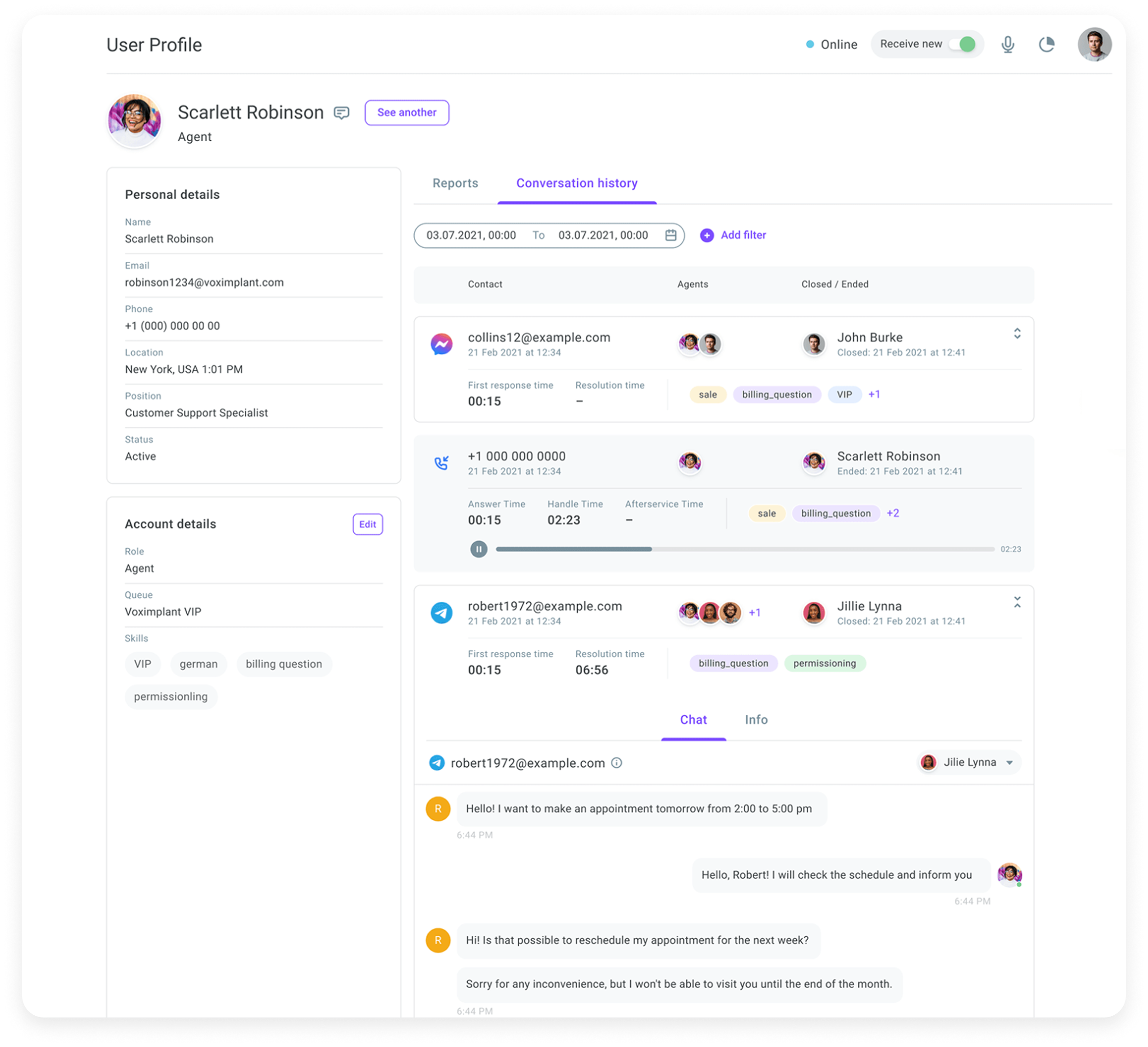 Agent profile and conversation history interface.