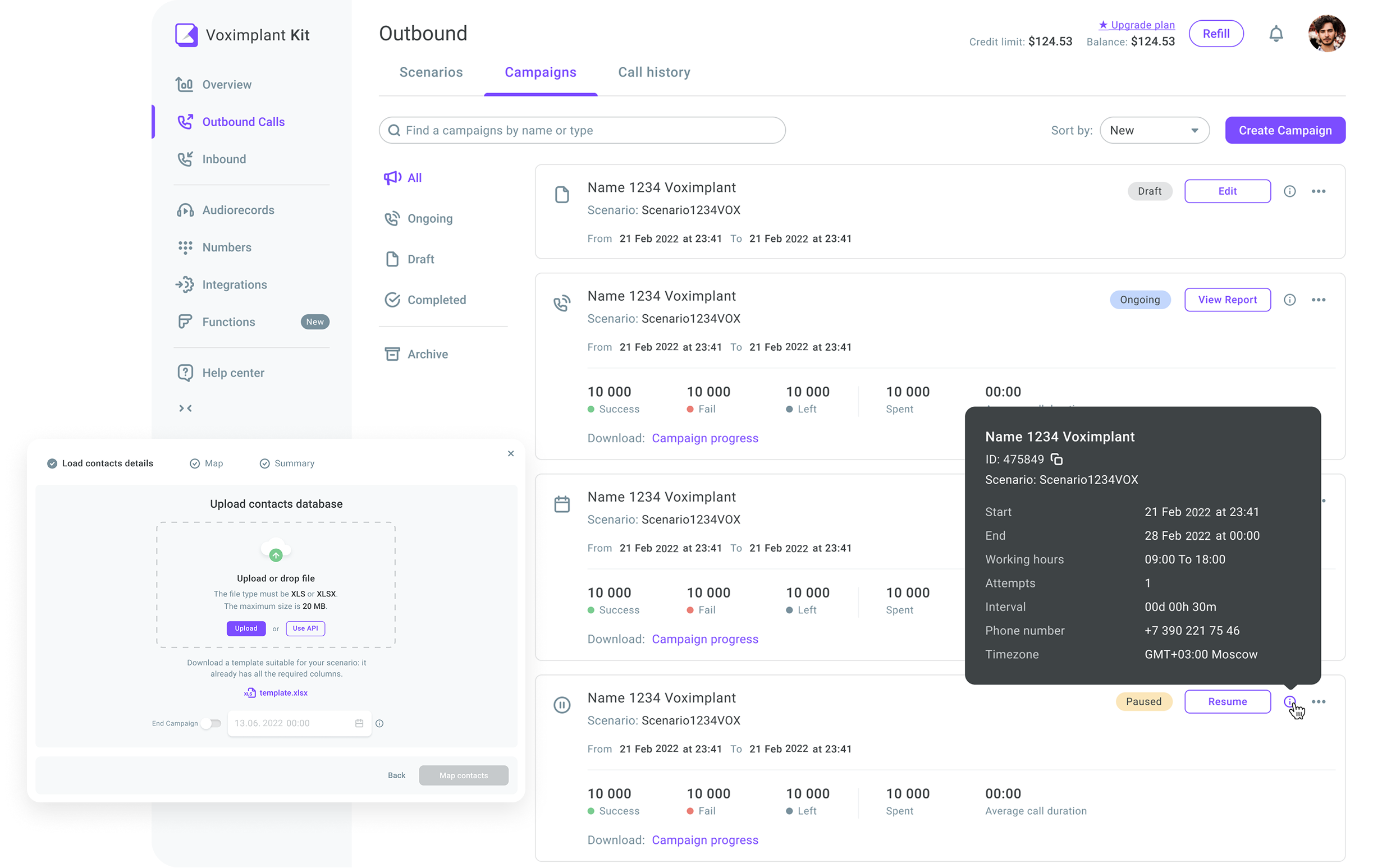 Outbound campaign dashboard and contact database upload step.