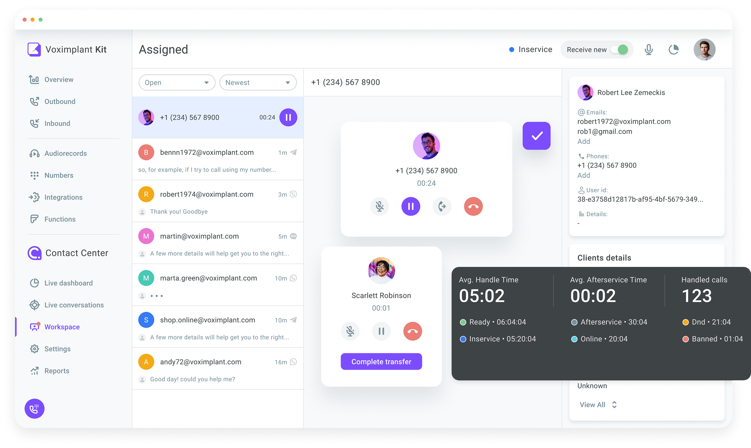 Voximplant Contact Center agent workspace with live call controls and customer details.
