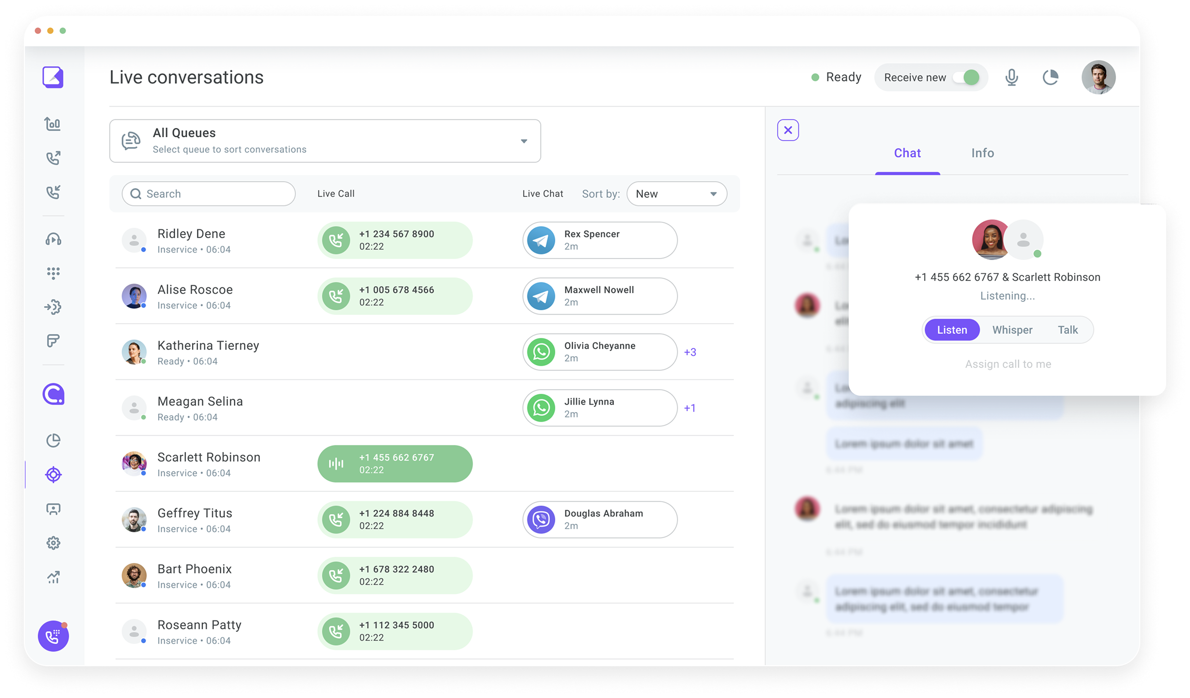 Live conversations list showing agents, queues, calls and chats.