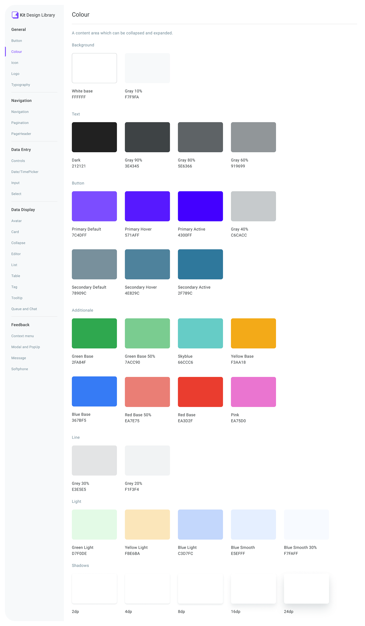 Kit Design Library colour palette and shadow foundations.