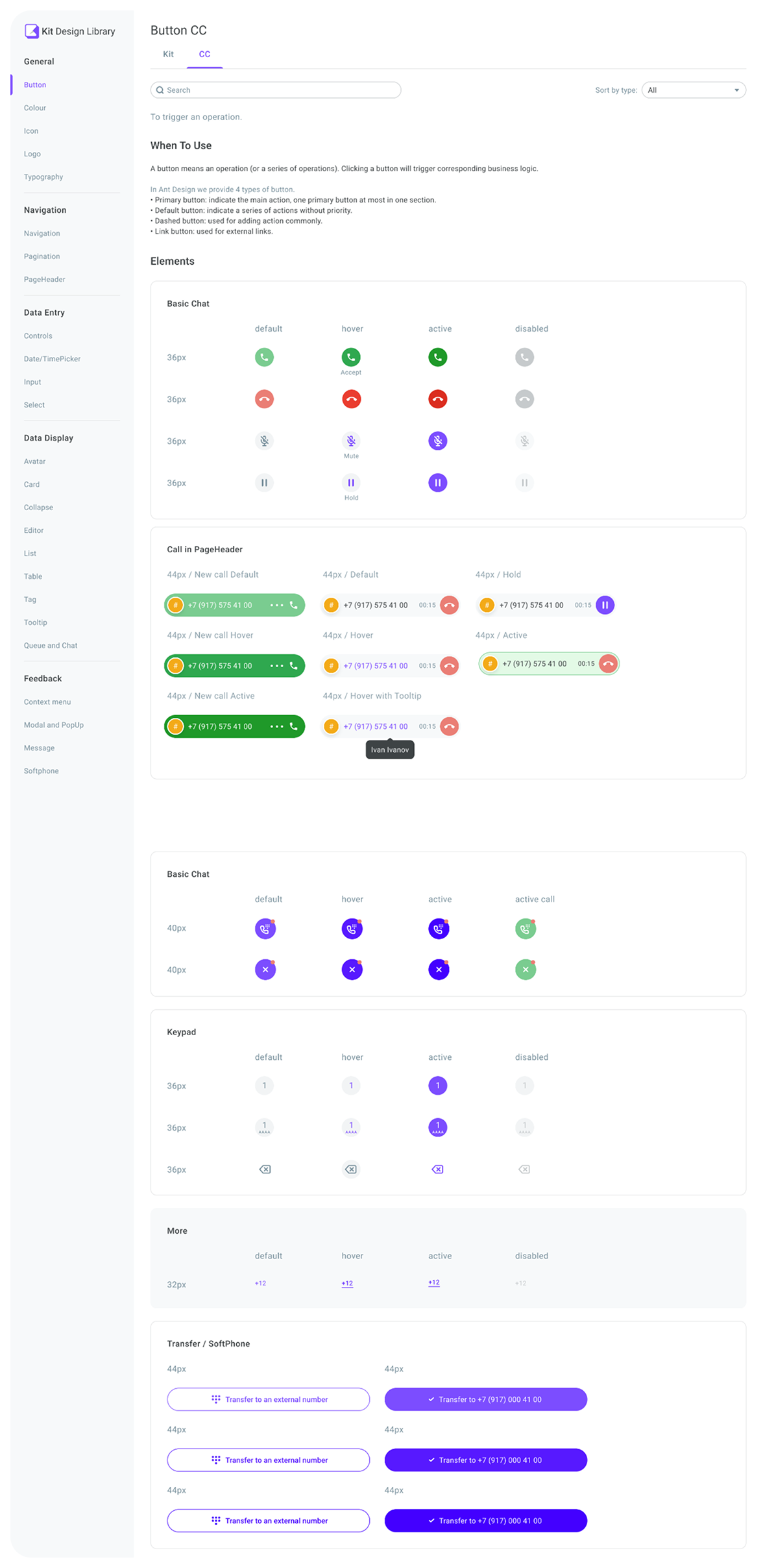 Kit Design Library component states and interaction guidelines.