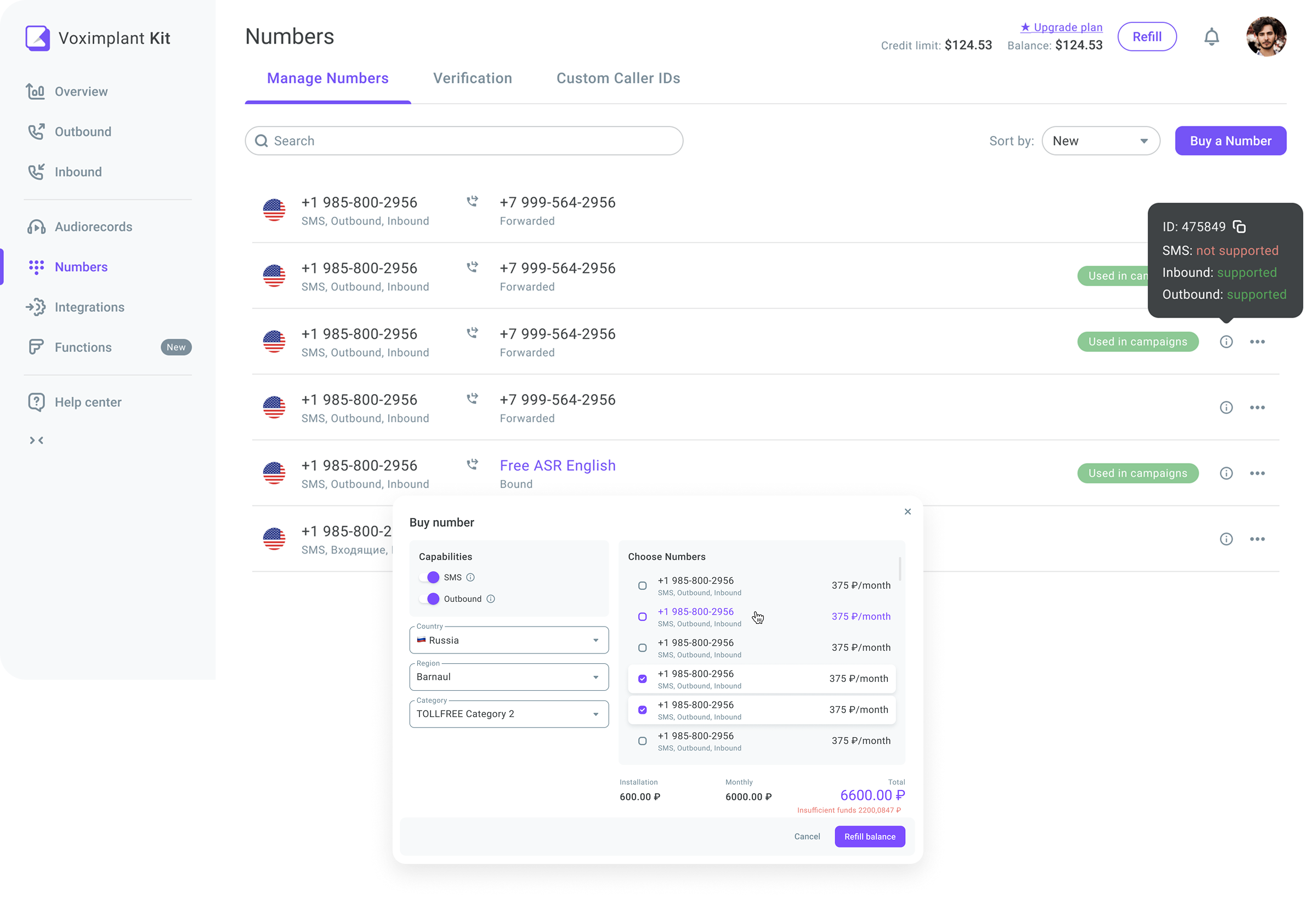 Voximplant phone-number management and purchase interface.