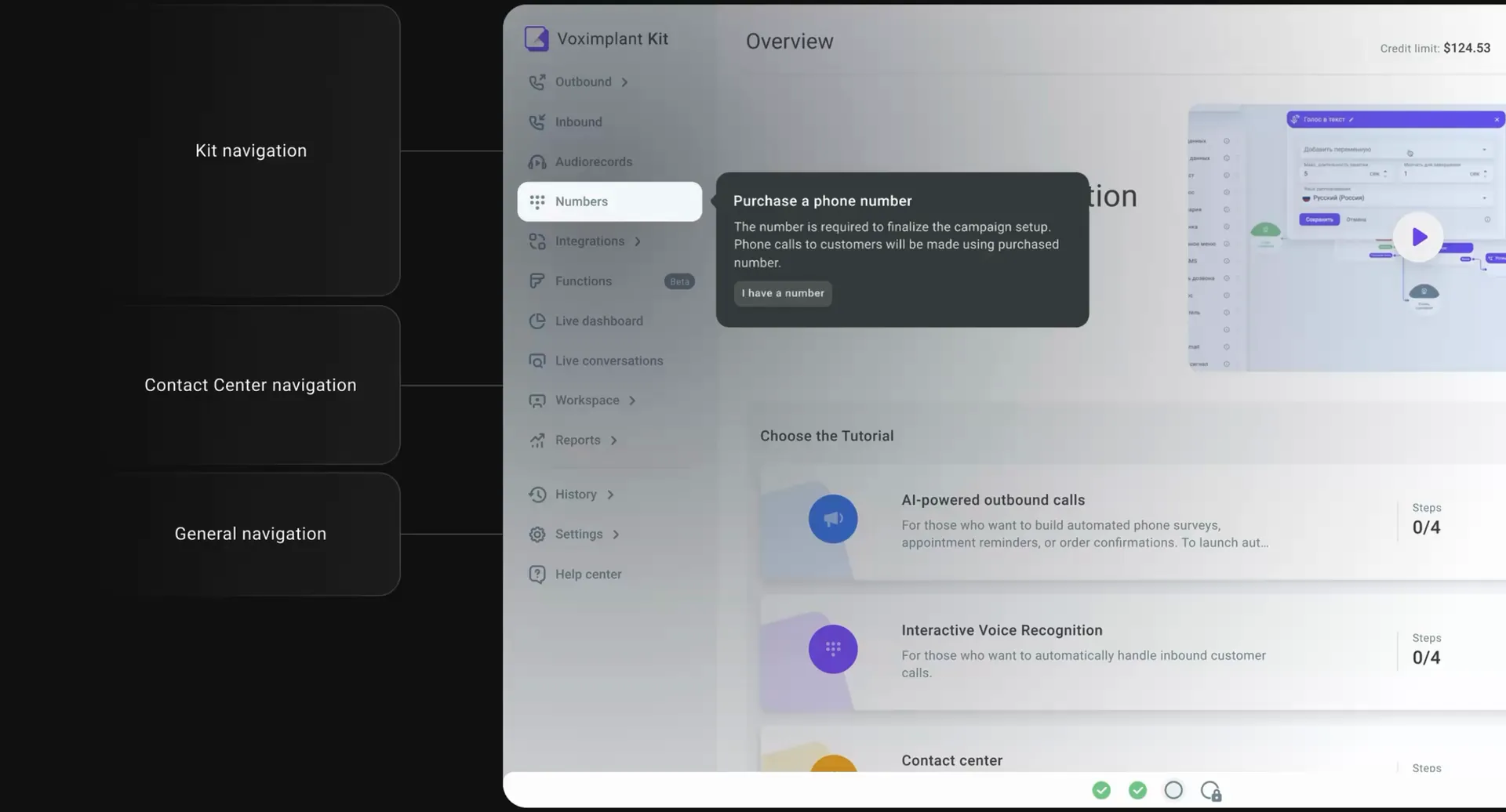 Voximplant Kit onboarding flow showing navigation areas and guided product tours.