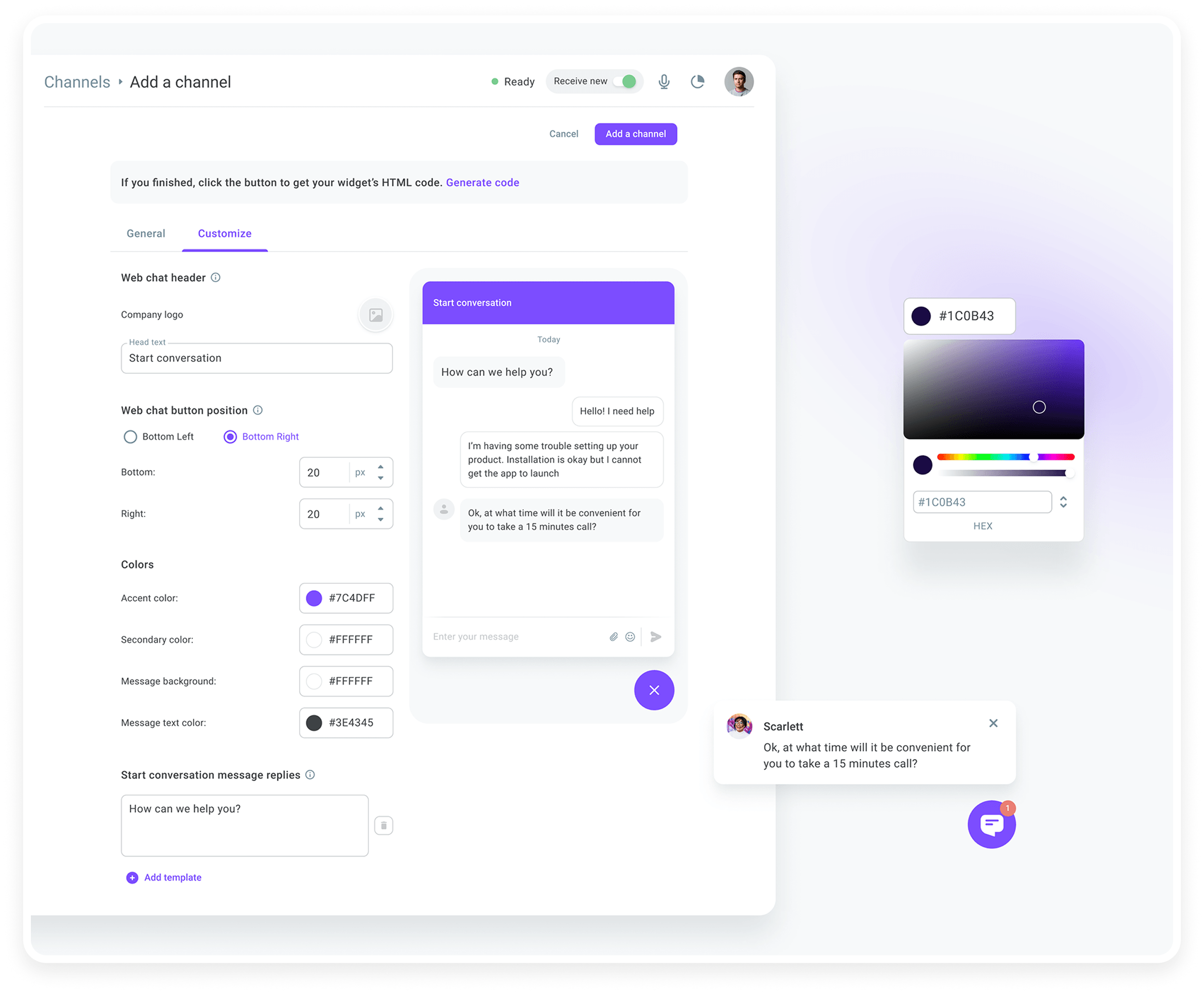 Web-chat widget settings with live preview and colour controls.
