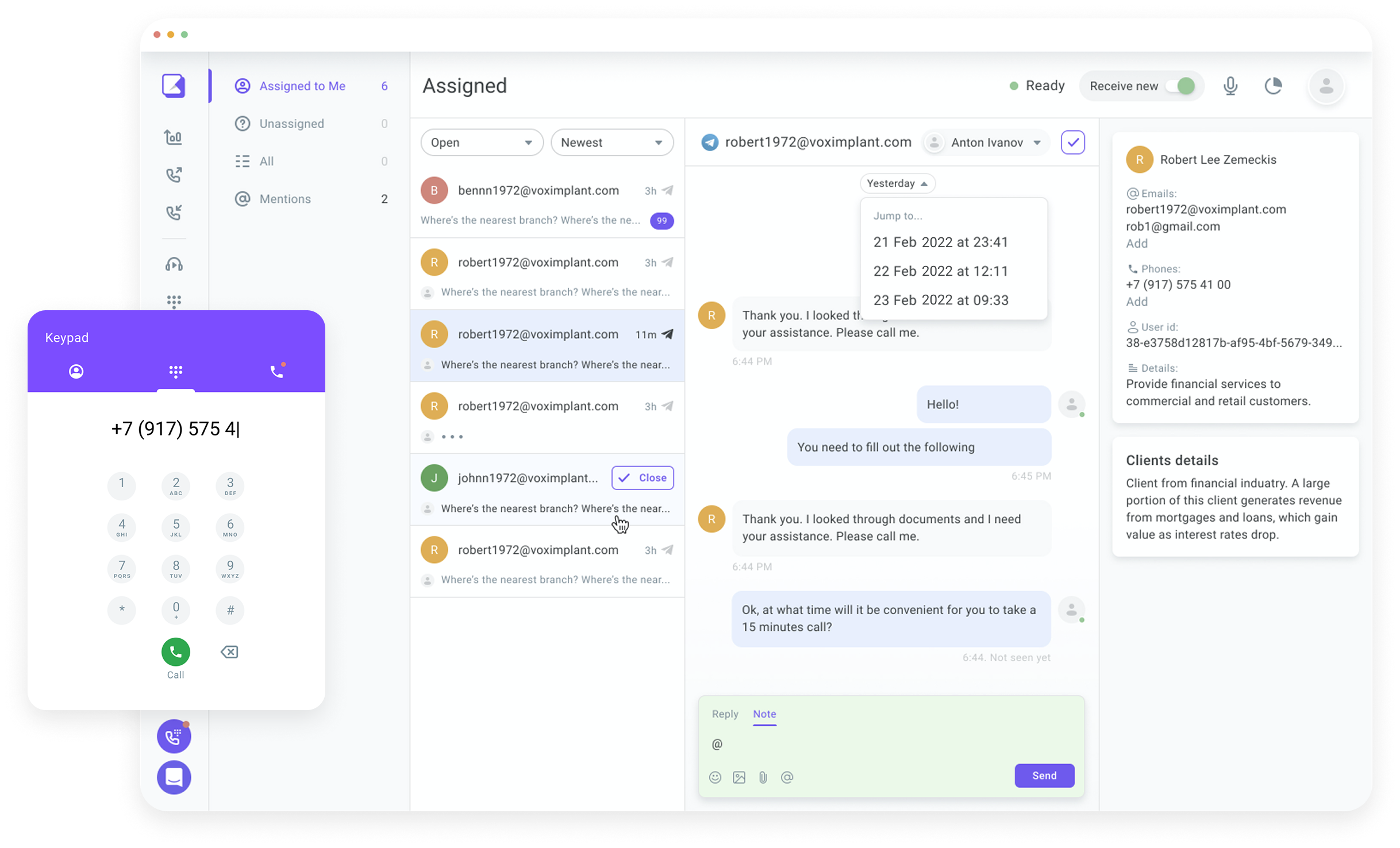 Agent workspace with conversation, customer details, and built-in softphone keypad.