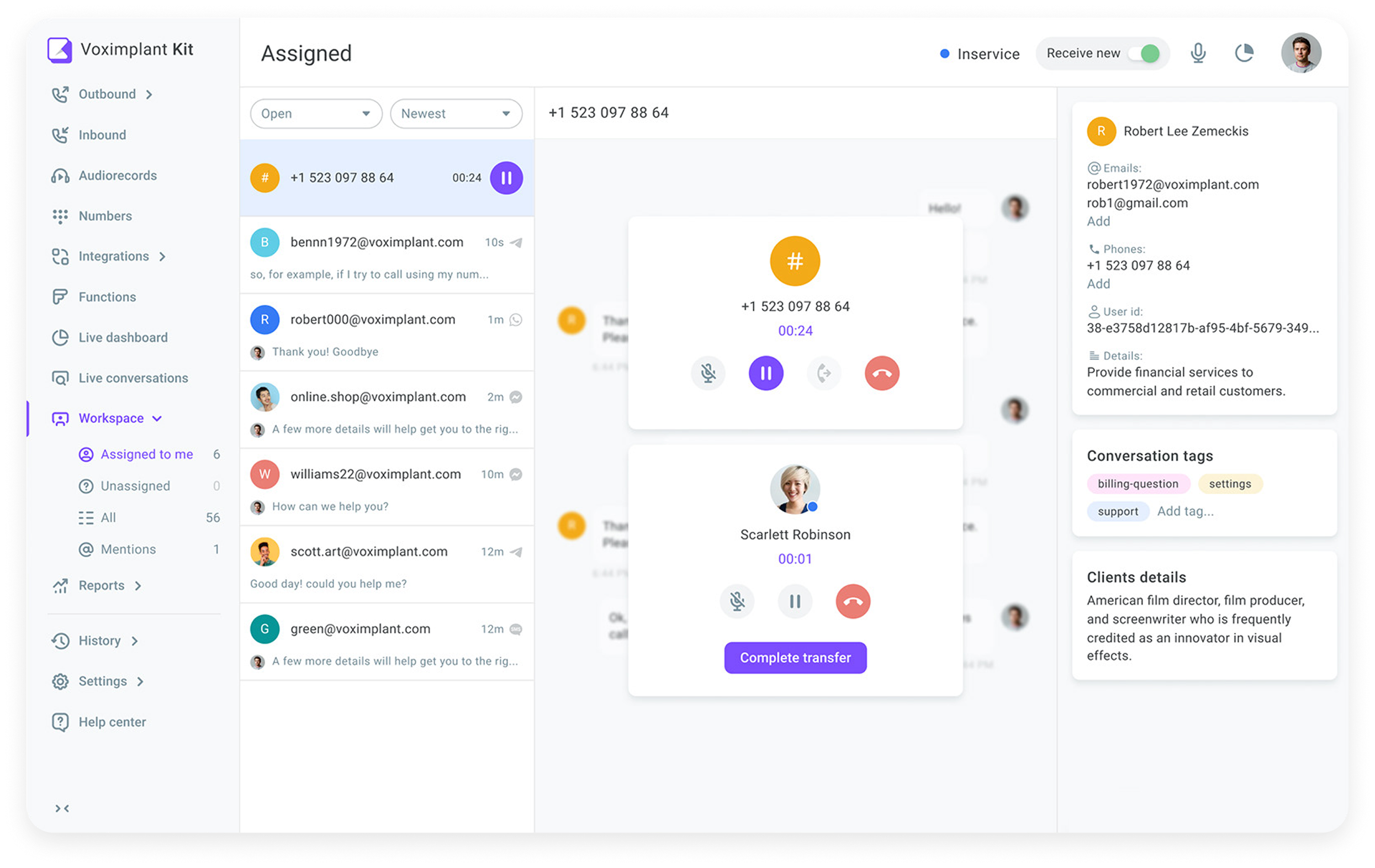 Agent workspace handling a live call and transfer beside customer details and conversation tags.