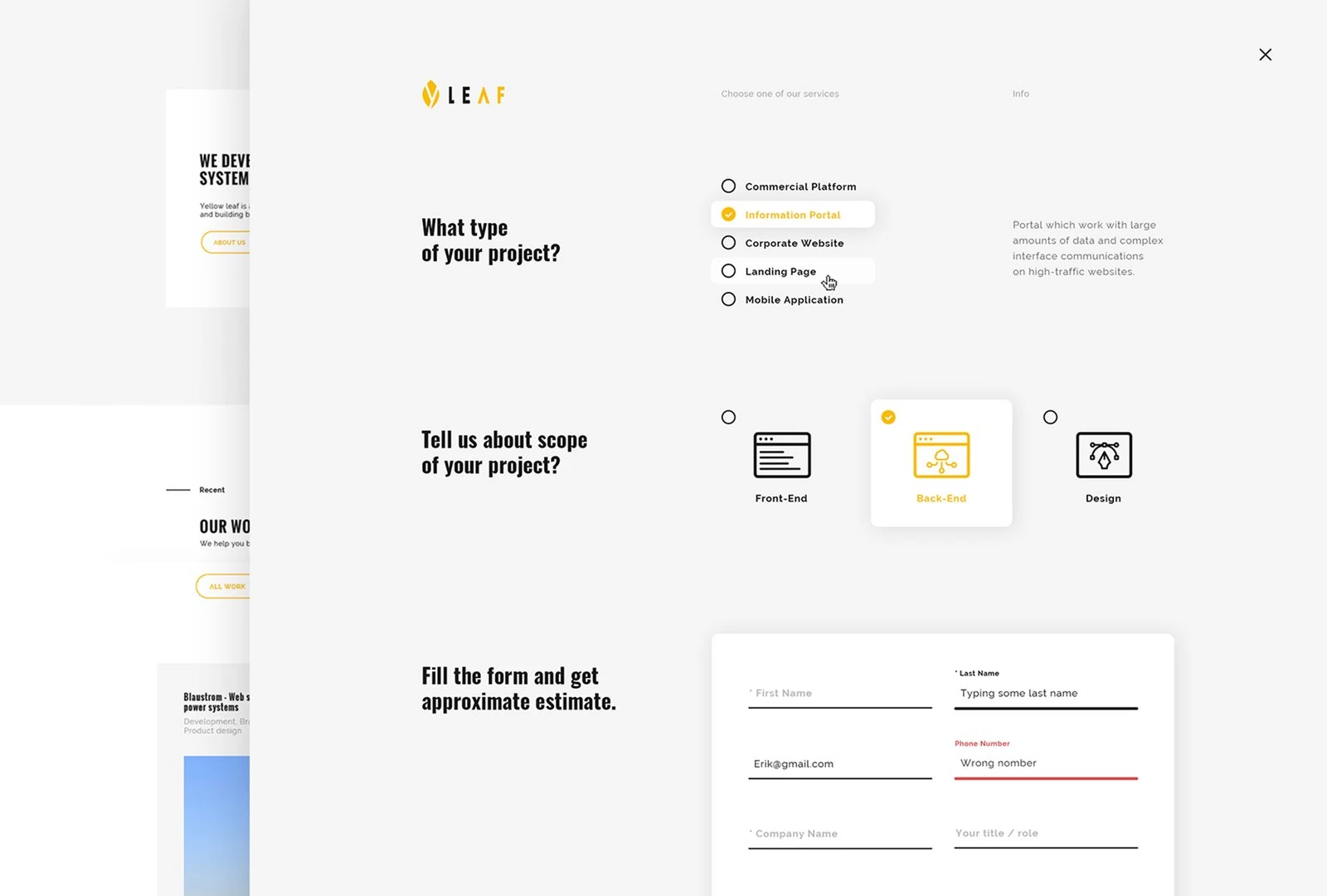 Estimate form opened over the main page: project type options with a note on the right, scope cards for front-end, back-end and design, and the contact form with an error on the phone field