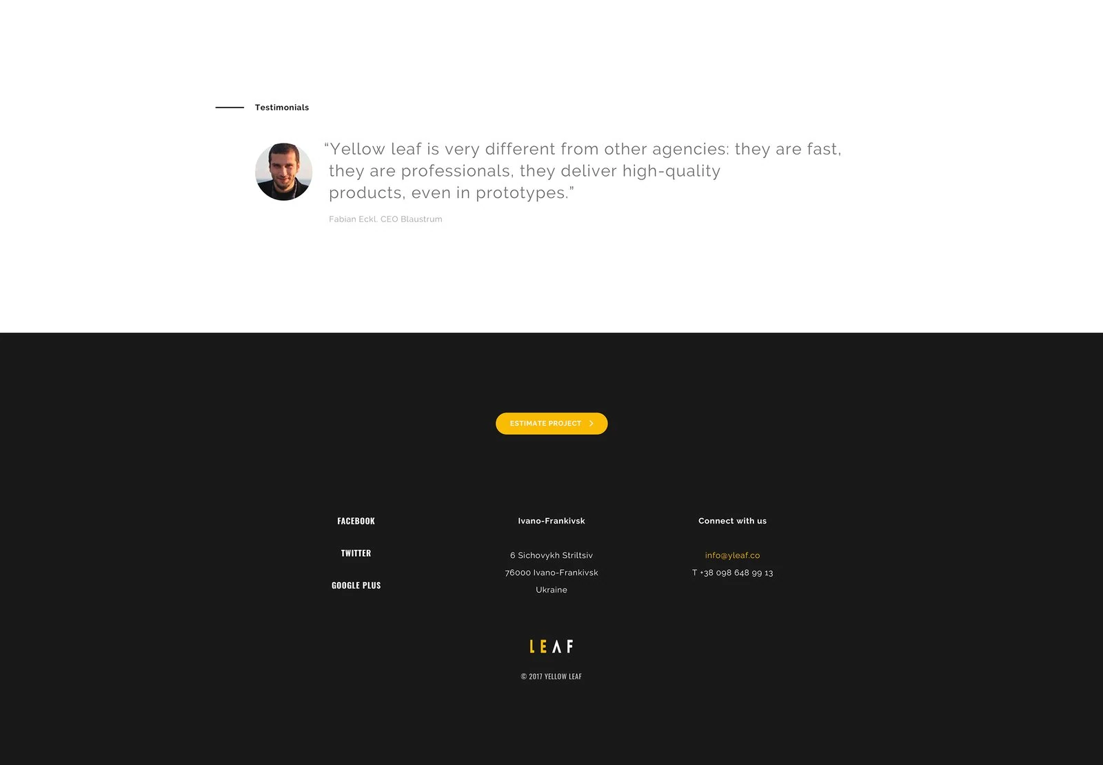 A client testimonial, then the dark footer with the Estimate project button, social links, address and contacts