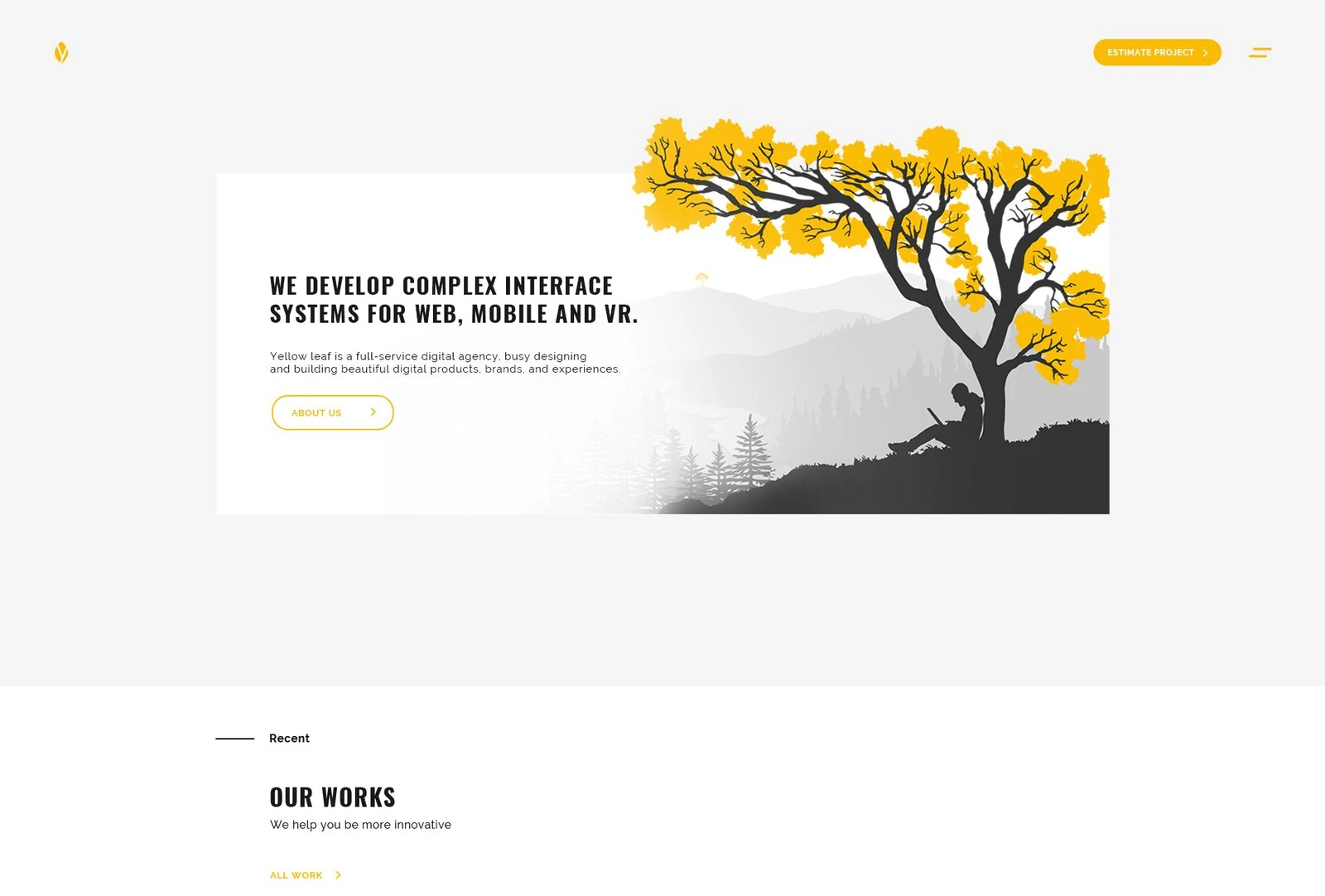 Main page: header with the Estimate project button, the yellow tree illustration with the line We develop complex interface systems for web, mobile and VR, and the start of Our works