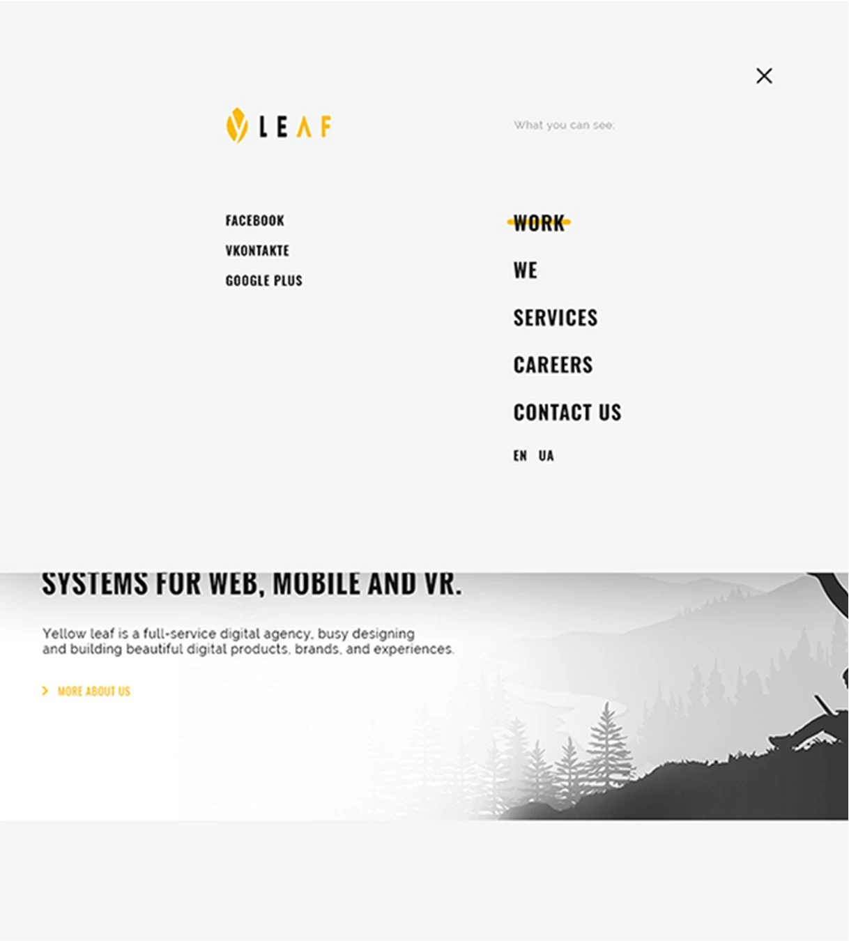 Open menu on a tablet: logo, social links, the five sections and the language switch