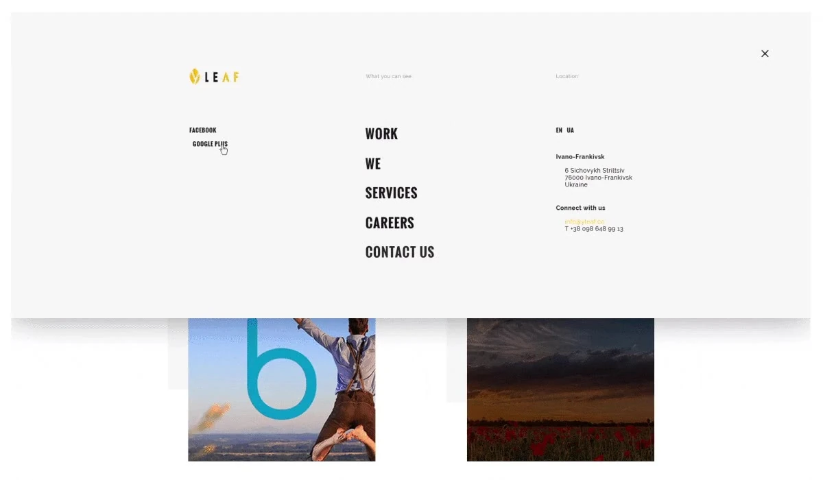 Screen recording: the Our works page loads, then the menu opens, the cursor moves over the items and the menu closes