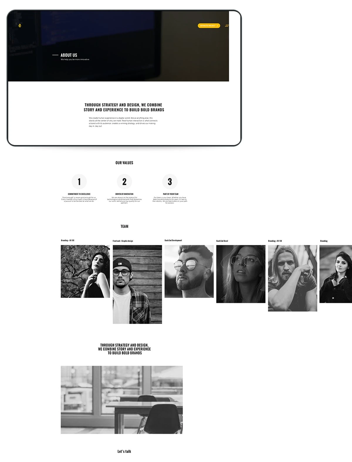 About us page at 1440 px: dark header, a short intro, three numbered values, a row of black and white team photos with roles, and an office photo