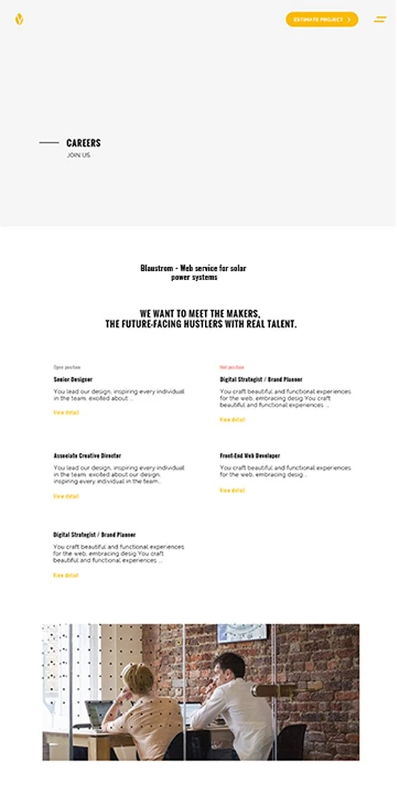 Careers page: open roles with short descriptions and a photo of the office