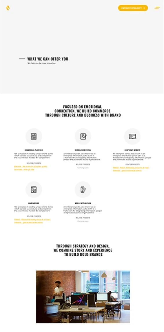 Services page: five services with icons and related projects, then an office photo