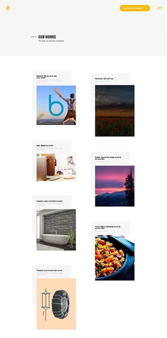 Our works page: project cards in two staggered columns, each with a name, services and a cover image