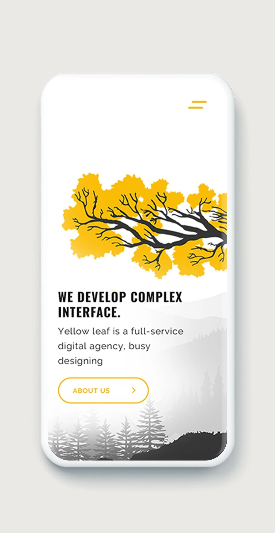 Phone: the about block with the yellow tree and an About us button