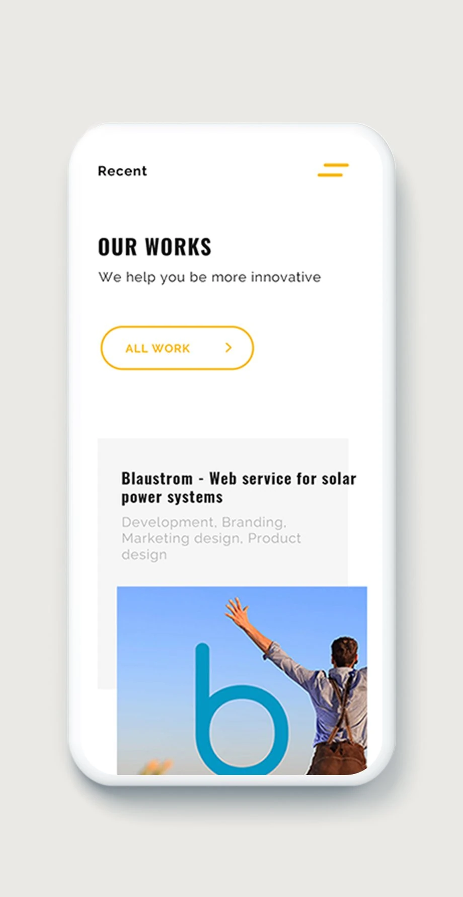 Phone: Our works with an All work button and the first project card